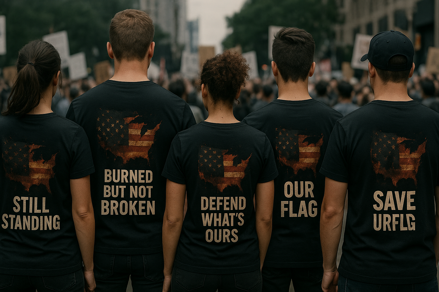 Group Wearing Save Our Flag Shirts